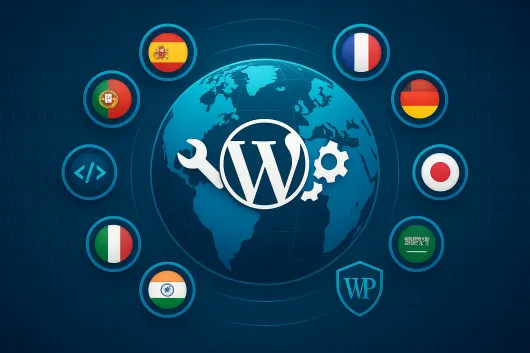 Mantenimiento WordPress Multidioma | ALMC Security Globo con el logo de WordPress, llaves y engranajes, rodeado de banderas internacionales; representa el mantenimiento y soporte multidioma de ALMC Security.