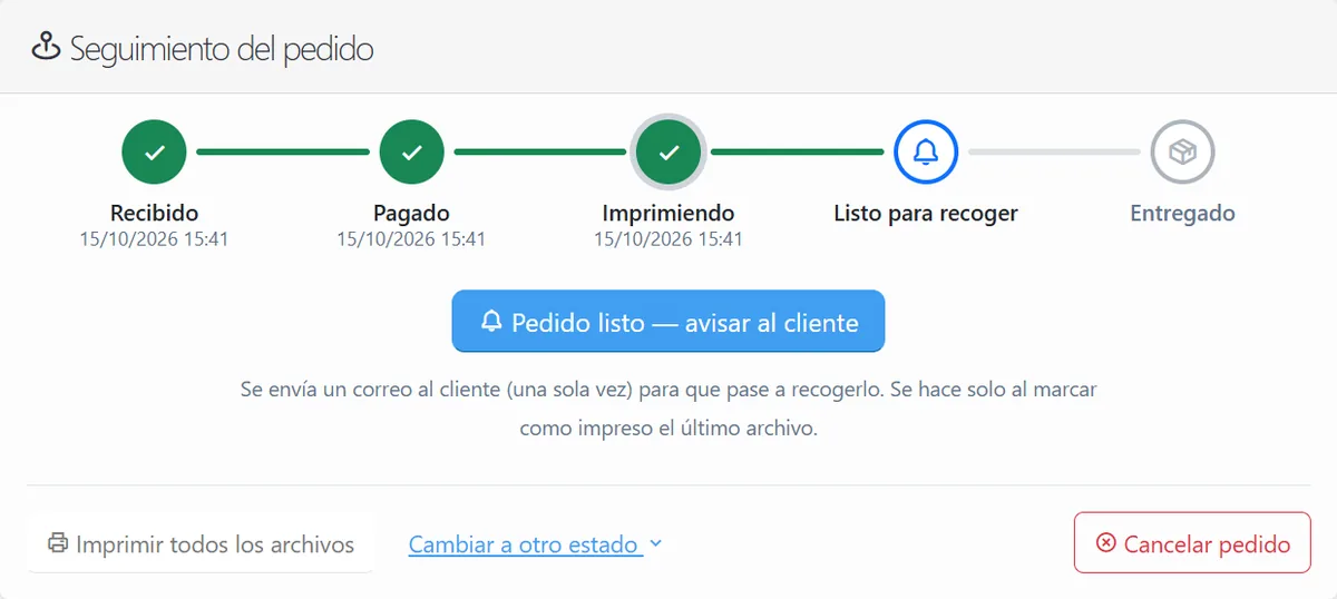 El seguimiento del pedido en el panel: recibido, pagado, imprimiendo, listo para recoger y entregado.