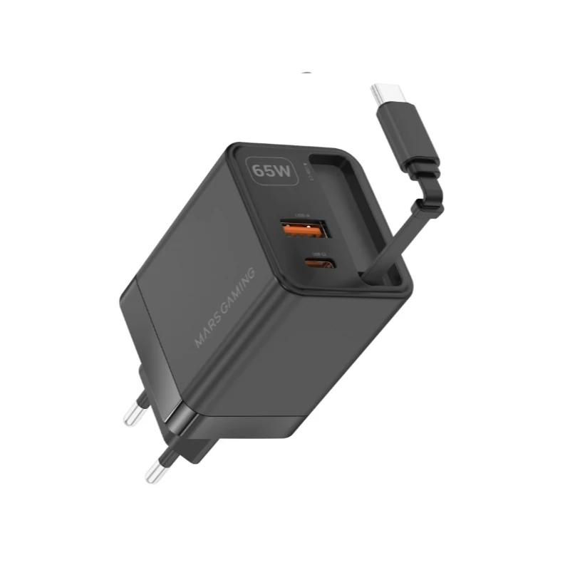 Cargador o adaptador de corriente Mars Gaming GAN 65W CON CABLE NEGRO
