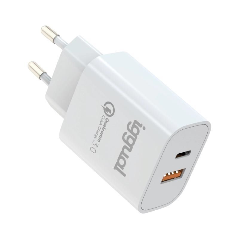 Cargador de pared iggual IGG317419 USB QC3.0 + USB-C PD 20W blanco