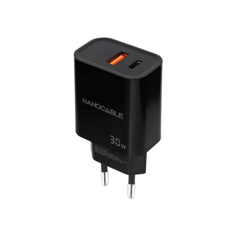 Cargador o adaptador de corriente NANOCABLE USB-C/PD+USB-A/QC 30W Negro