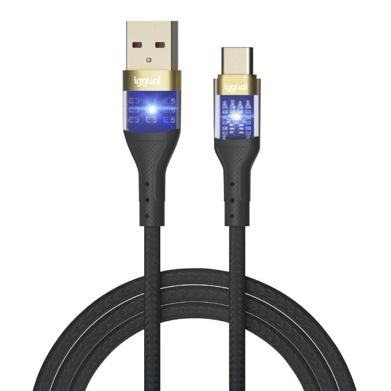 Cable USB-A a USB-C iggual 3A 1 m trenzado LED negro