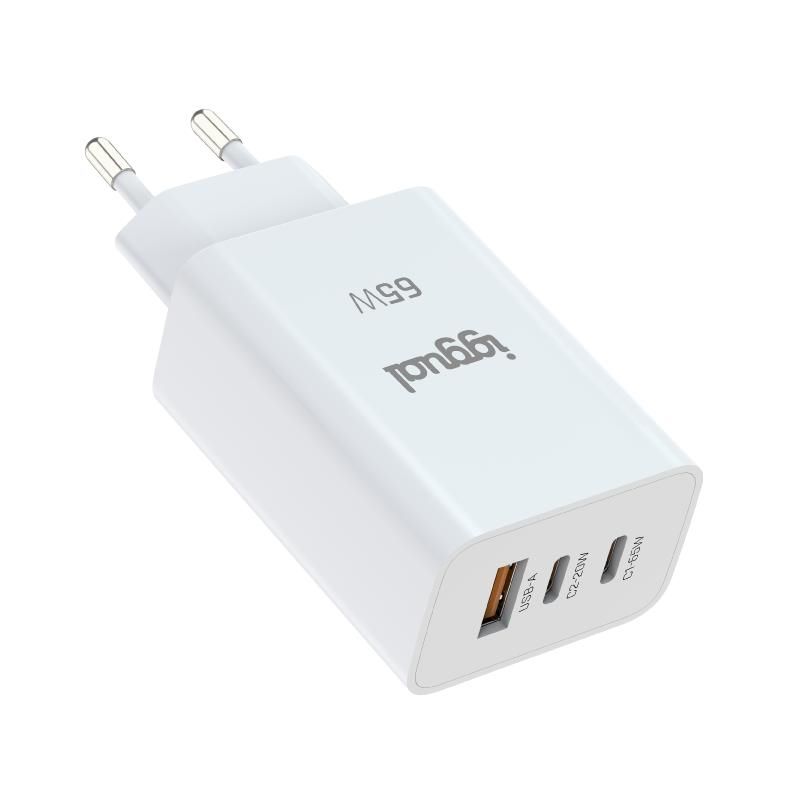 Cargador de pared iggual GaN 65W 3 puertos USB-A y USB-C blanco