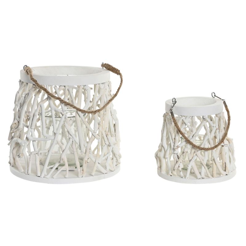 Bougeoir Home ESPRIT Blanc Bois Verre 35 x 35 x 32 cm (2 Unités)