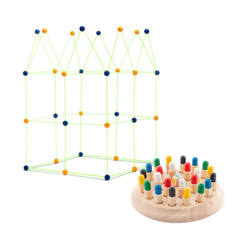 Pack Jeu d'Échecs Mémoire Bois et Kit Construction Forts Enfants InnovaGoods