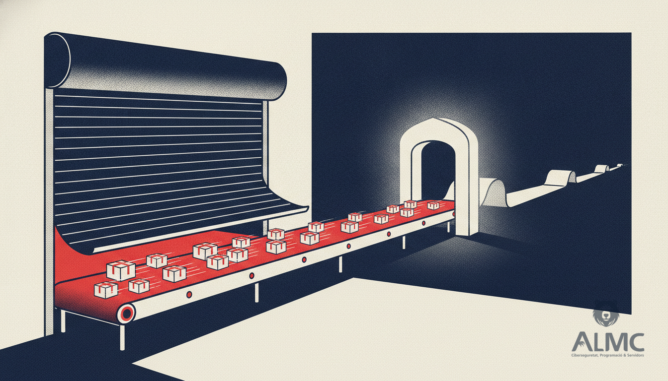 Shop shutter opening onto a conveyor of parcels passing through a checkout gate, symbolising post-payment ecommerce