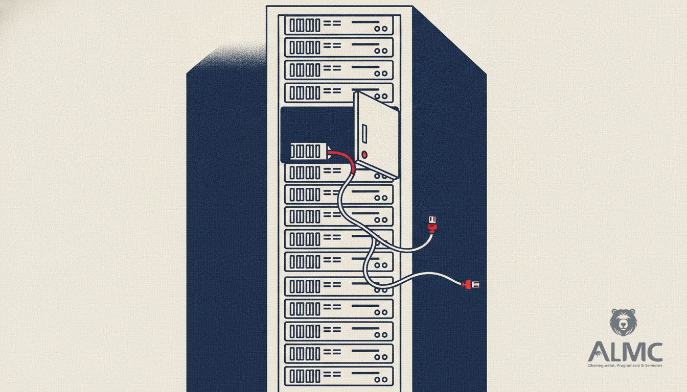 Aparatos de seguridad de red en un rack con una ranura abierta por la que se escapan cables hacia el pasillo