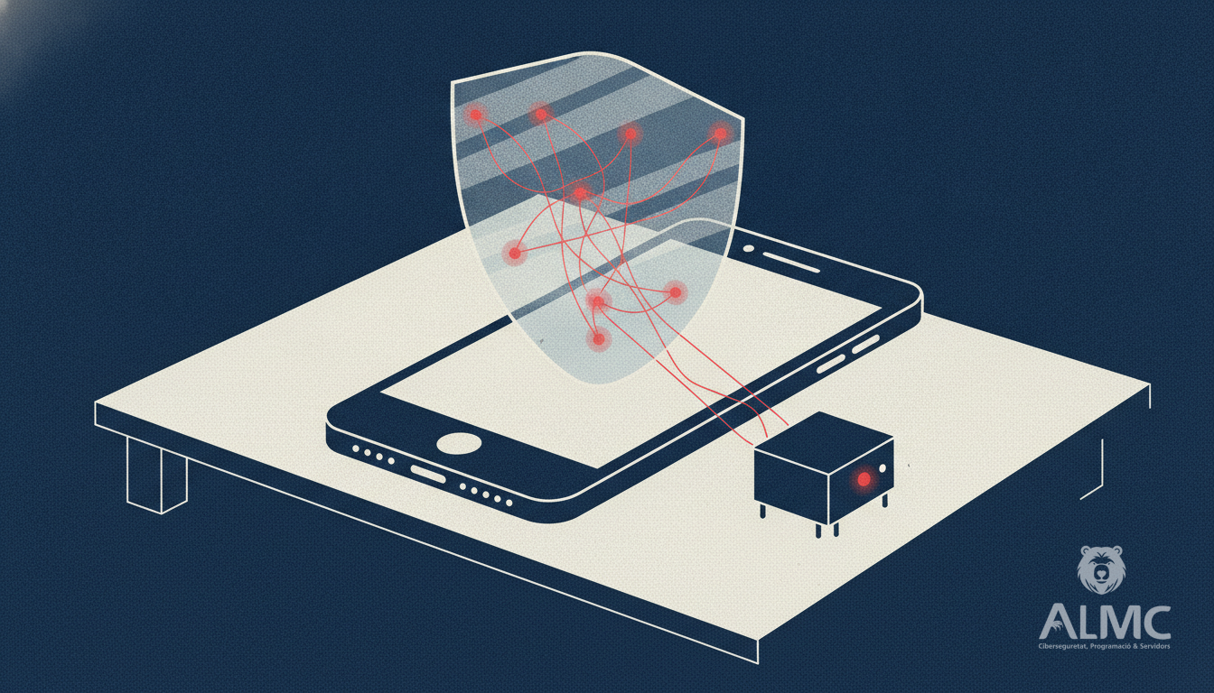 Smartphone and industrial IoT sensor protected by a digital security shield on a workbench