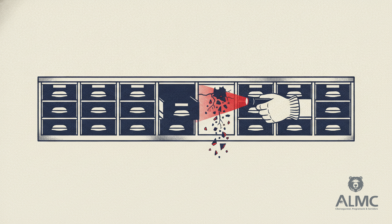 A cracked drawer in a row of metal drawers with fragments spilling into the next one, illustrating a buffer overflow