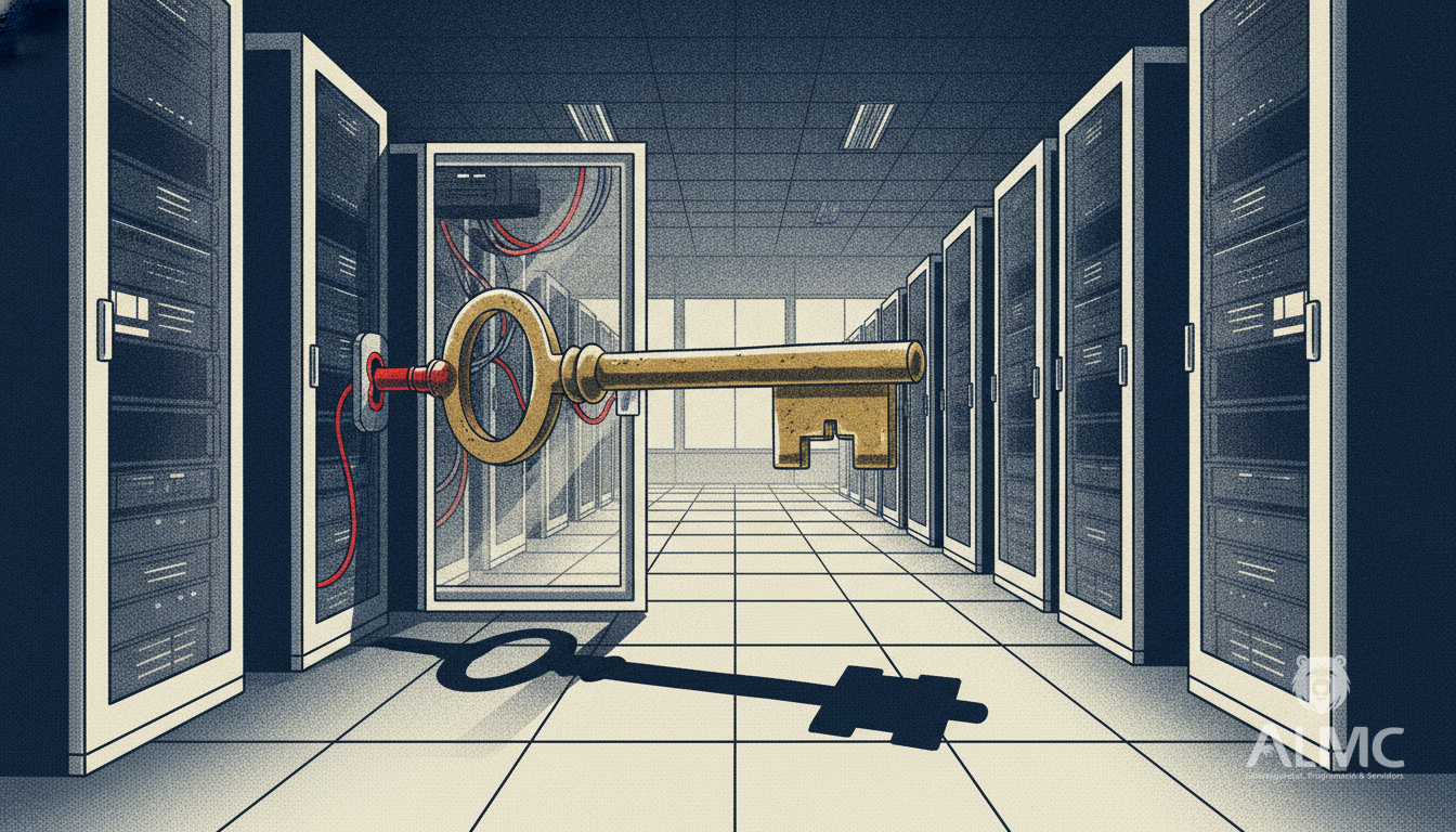 A forged key left in the lock of one server rack in a data centre, illustrating a certificate-based identity bypass
