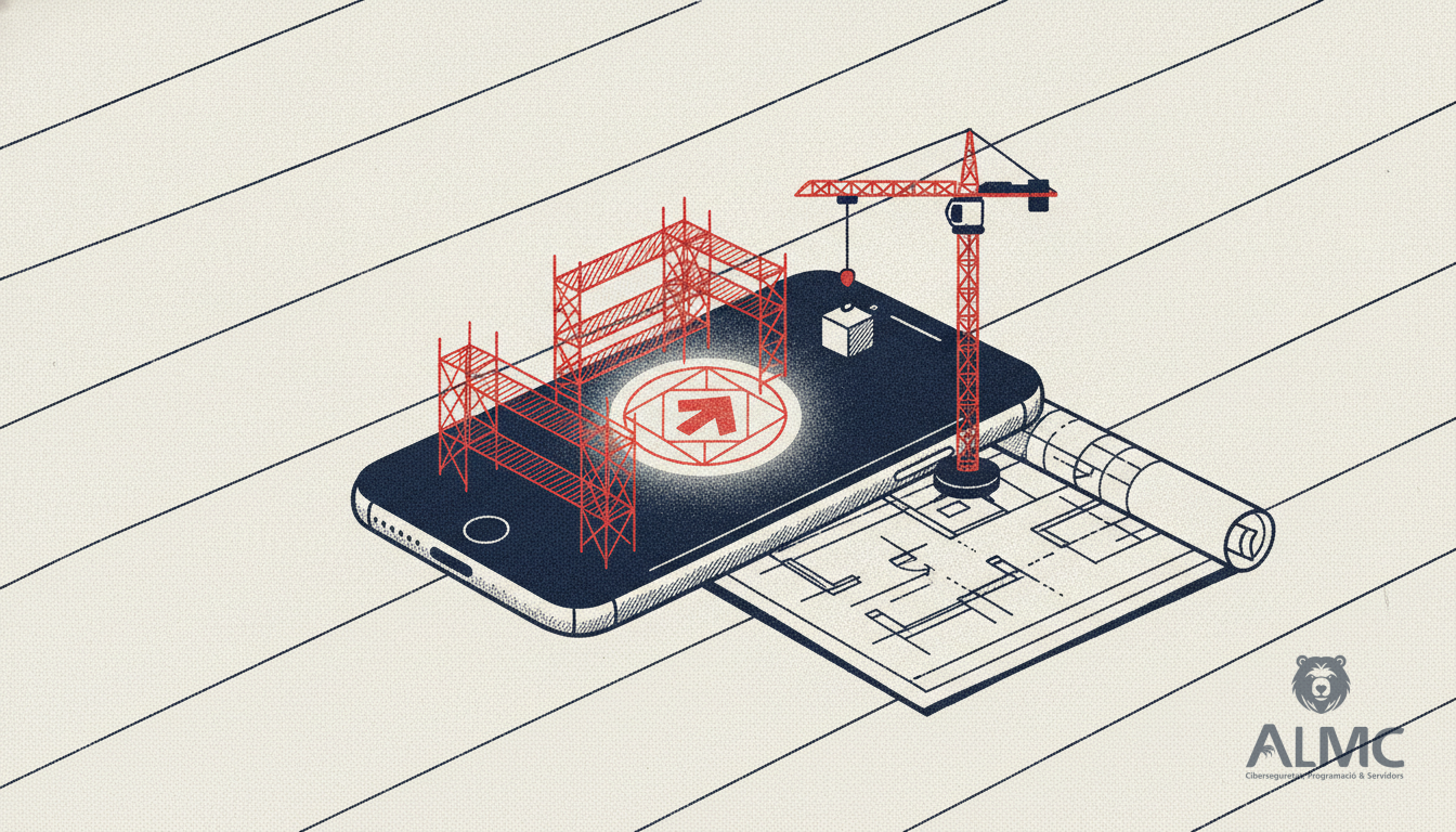 Smartphone on a desk beside a blueprint and miniature scaffolding, illustrating custom mobile app development