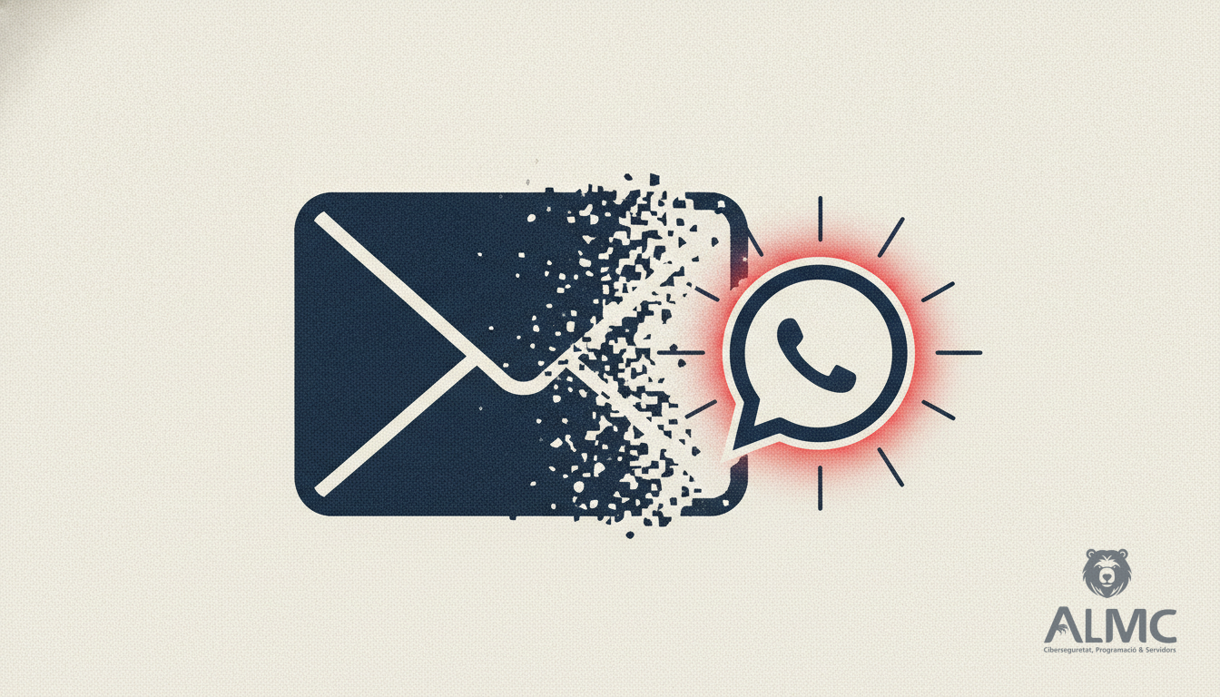 Un sobre de email transformándose en un mensaje de WhatsApp.