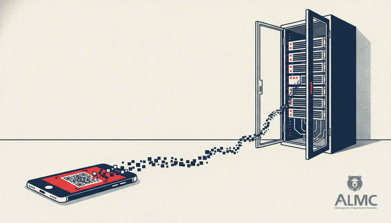 Smartphone scanning a QR code while data drifts toward an unprotected server rack