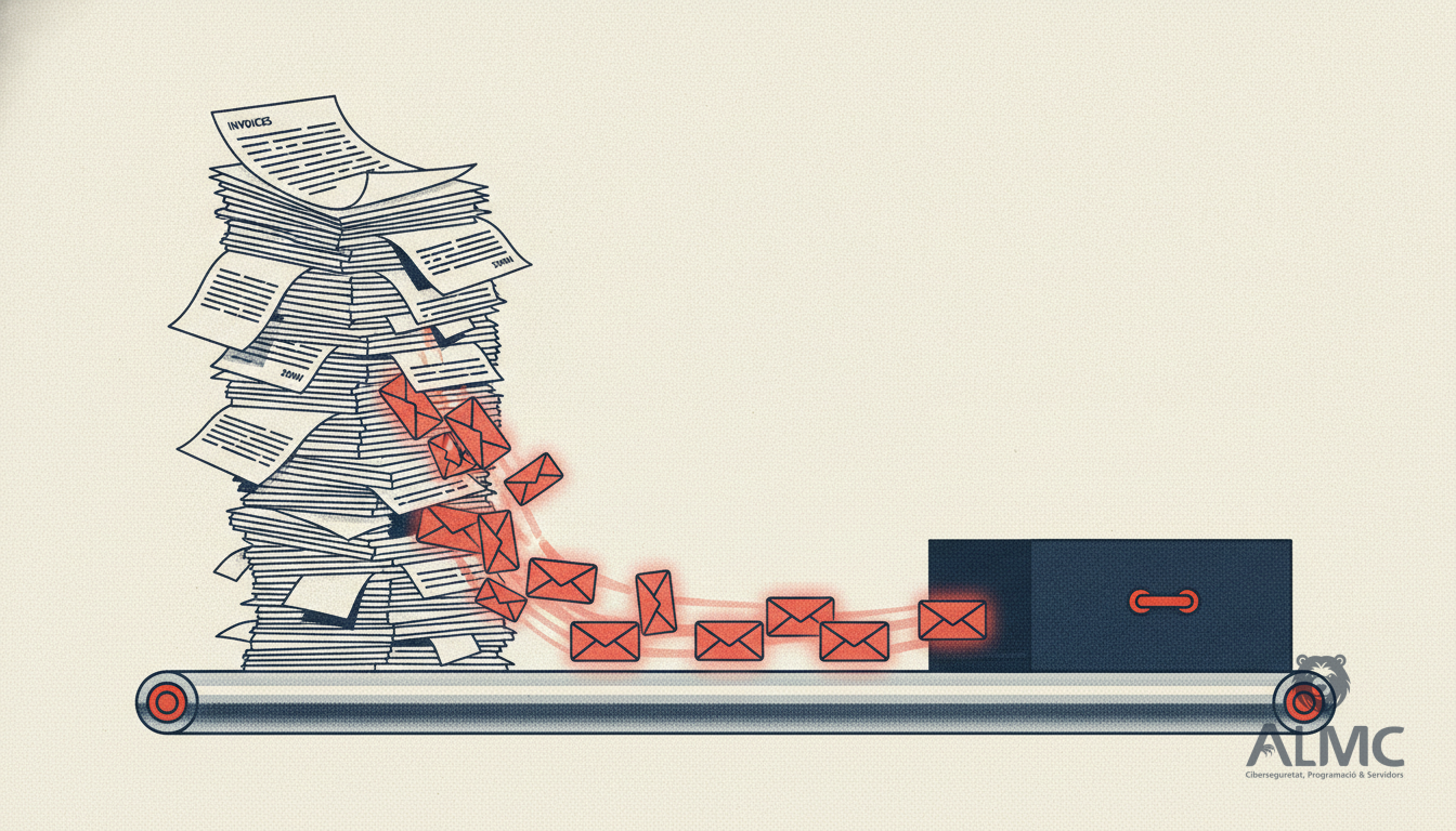 Paper invoices turning into digital envelopes flowing along a conveyor into an archive drawer