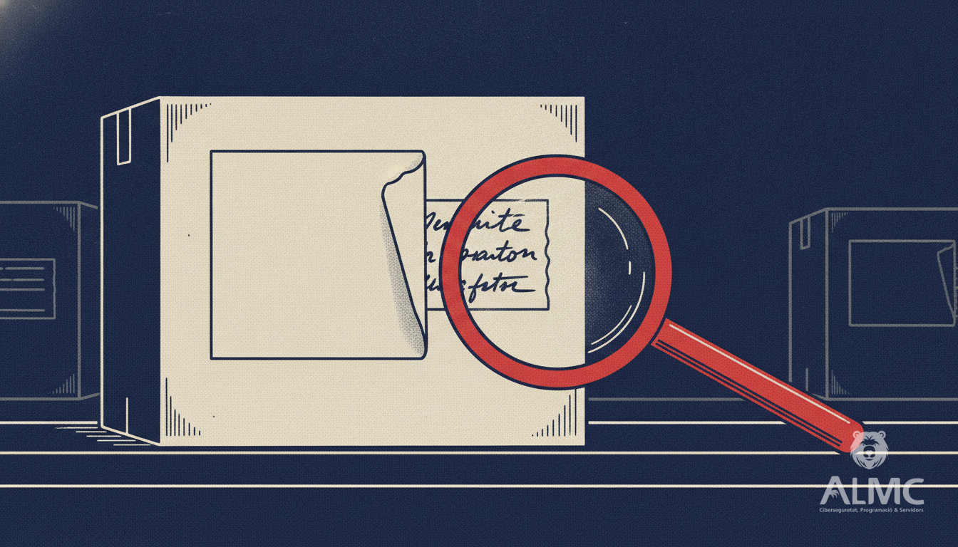 A product box with a plain label being peeled back to reveal a more detailed handwritten label beside a magnifying glass