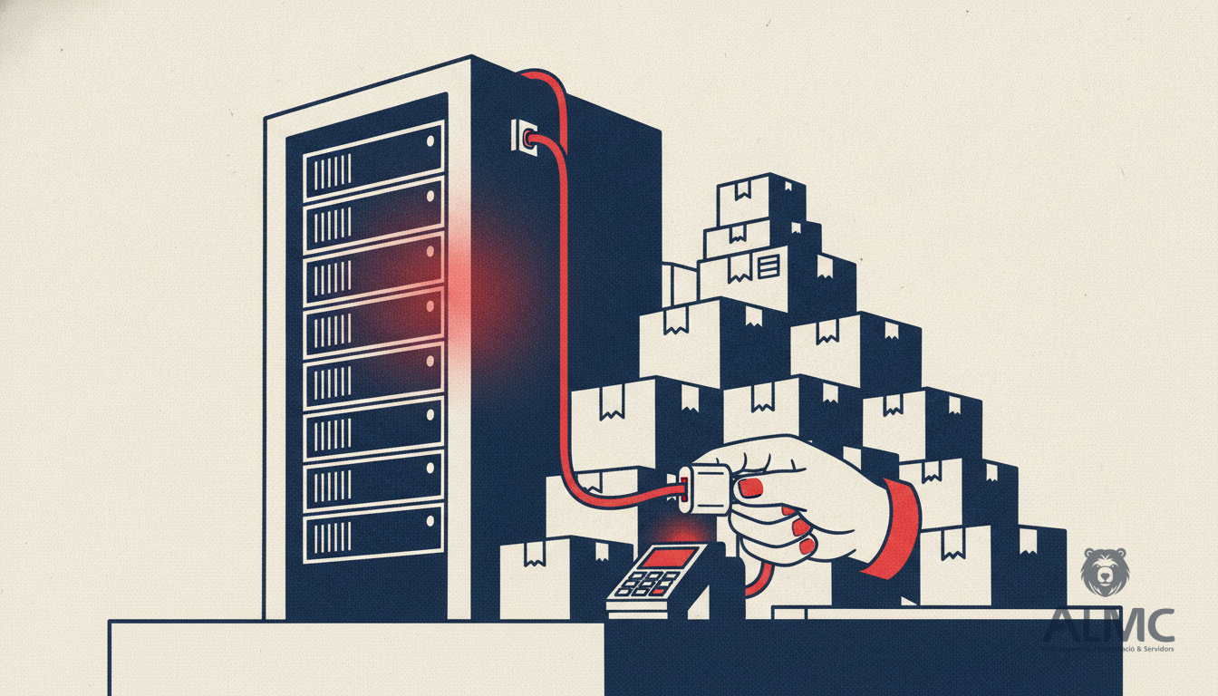 Server rack beside stacked parcels in a shop back office, illustrating PHP security for online stores