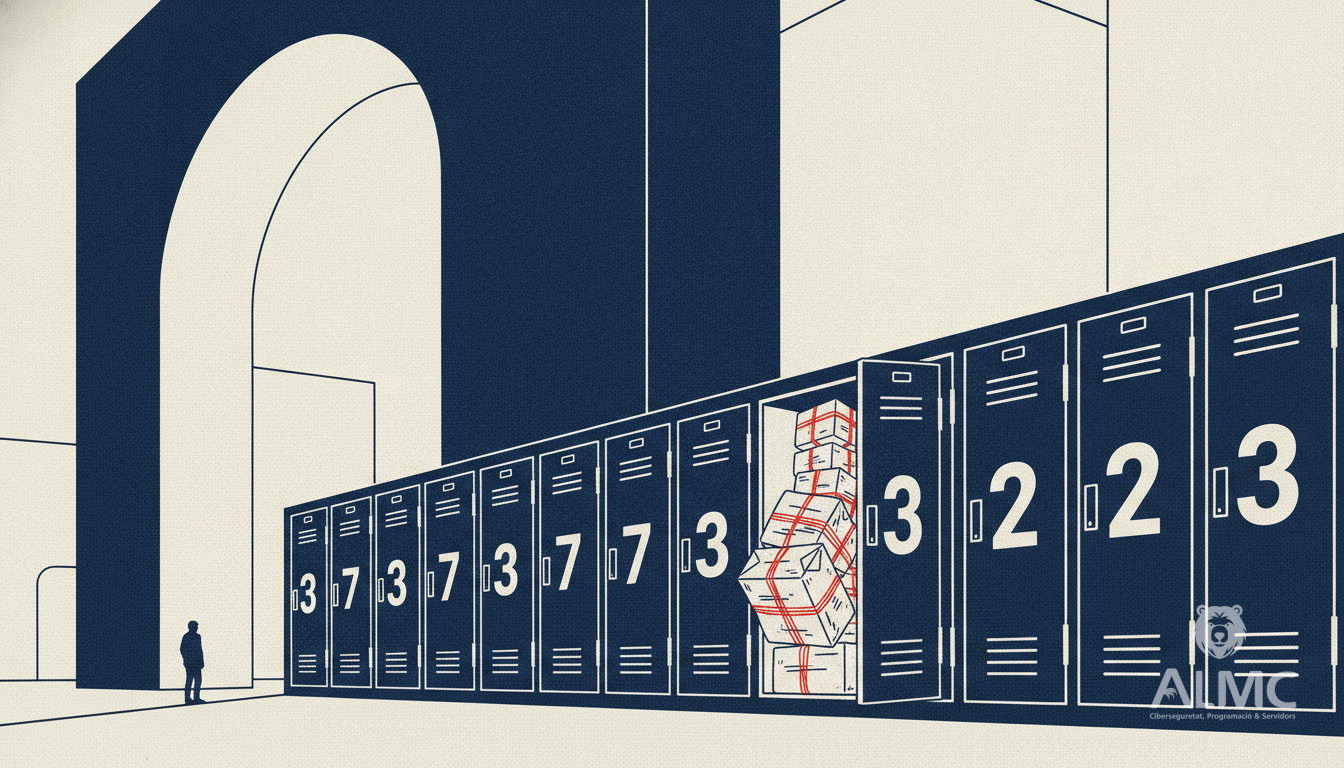 Row of numbered lockers in a gateway building, one door open with unmarked parcels slipped inside
