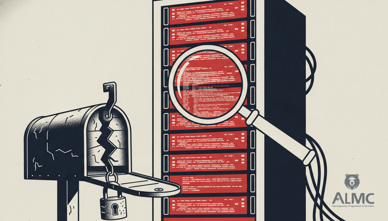 Buzón con candado roto y servidores con luces de alerta, lupa sobre registros