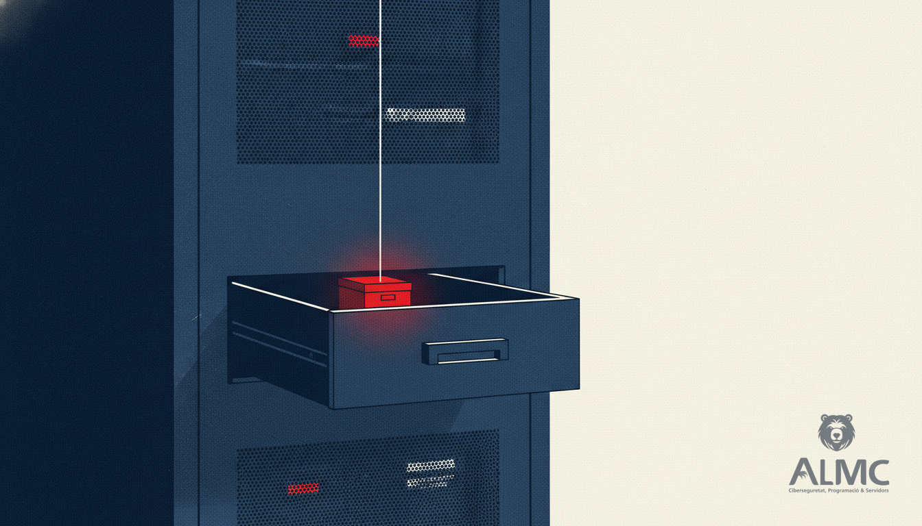 A server cabinet with a drawer ajar and a thread slipping through the gap towards a hidden file box