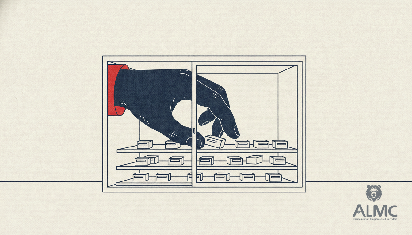 Open display case with a hand reaching inside to rearrange the exhibits, illustrating unauthorised editing of records