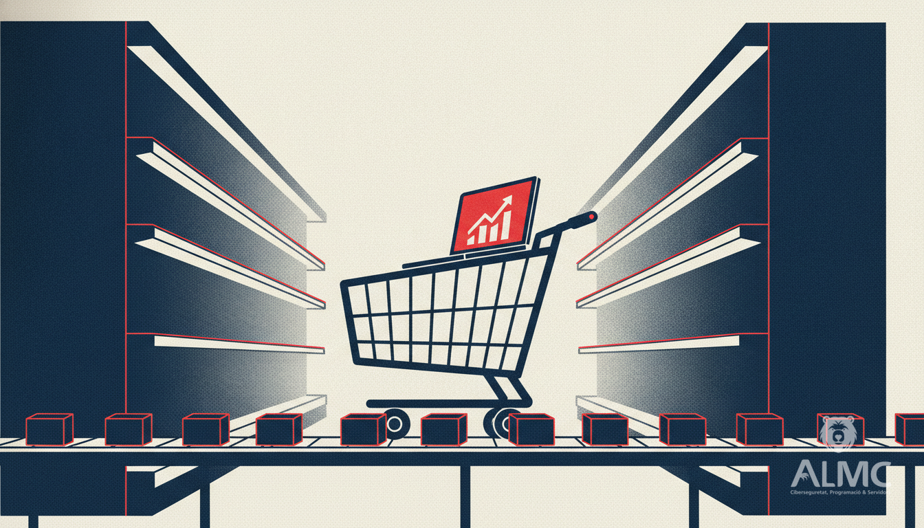 Shelf-edge digital screens in a supermarket aisle beside a laptop showing an ecommerce sales chart