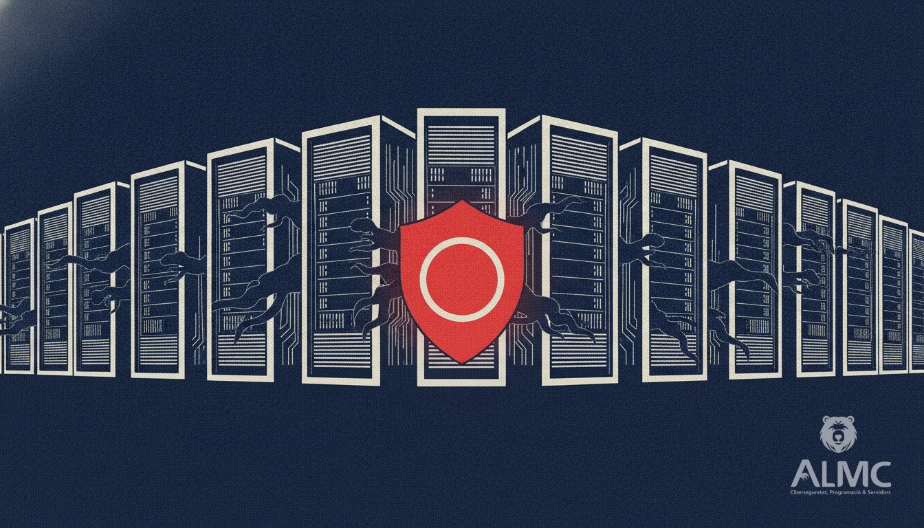 A row of server racks forming a wall with a glowing shield gate blocking shadowy intruders