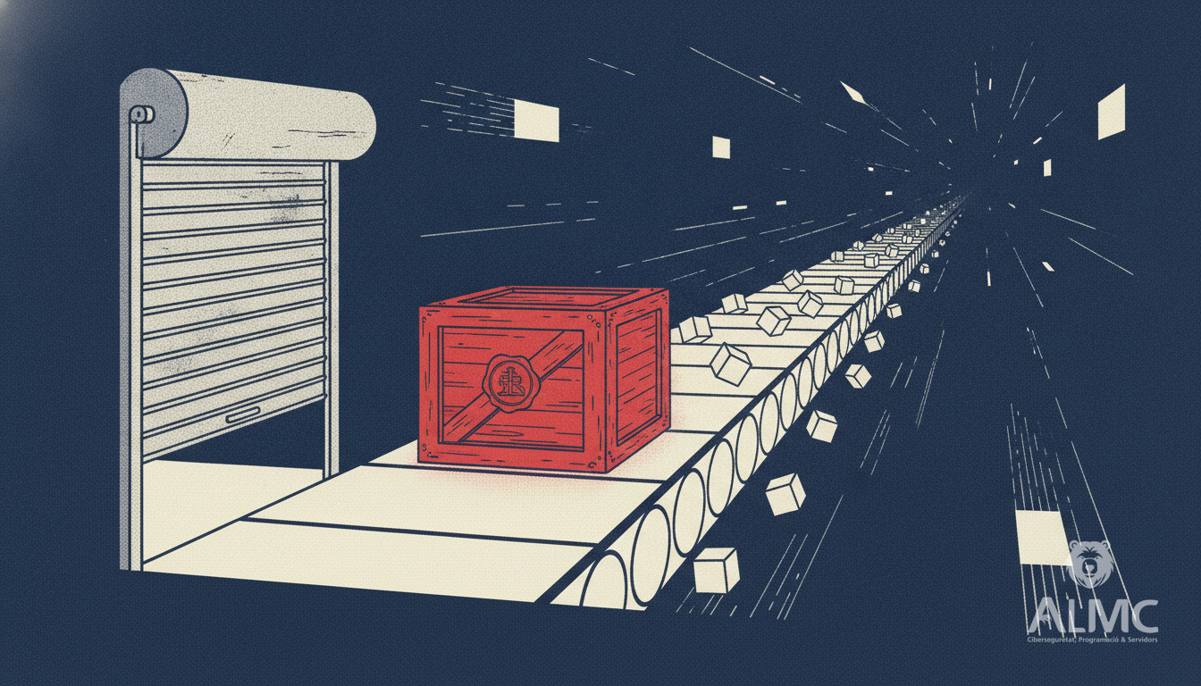 Small shop shutter opening onto a conveyor of parcels, symbolising a local business moving from marketplace sales to its own online store