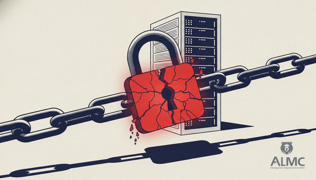 Cracked padlock replacing a chain link, symbolising a third-party breach in the supply chain