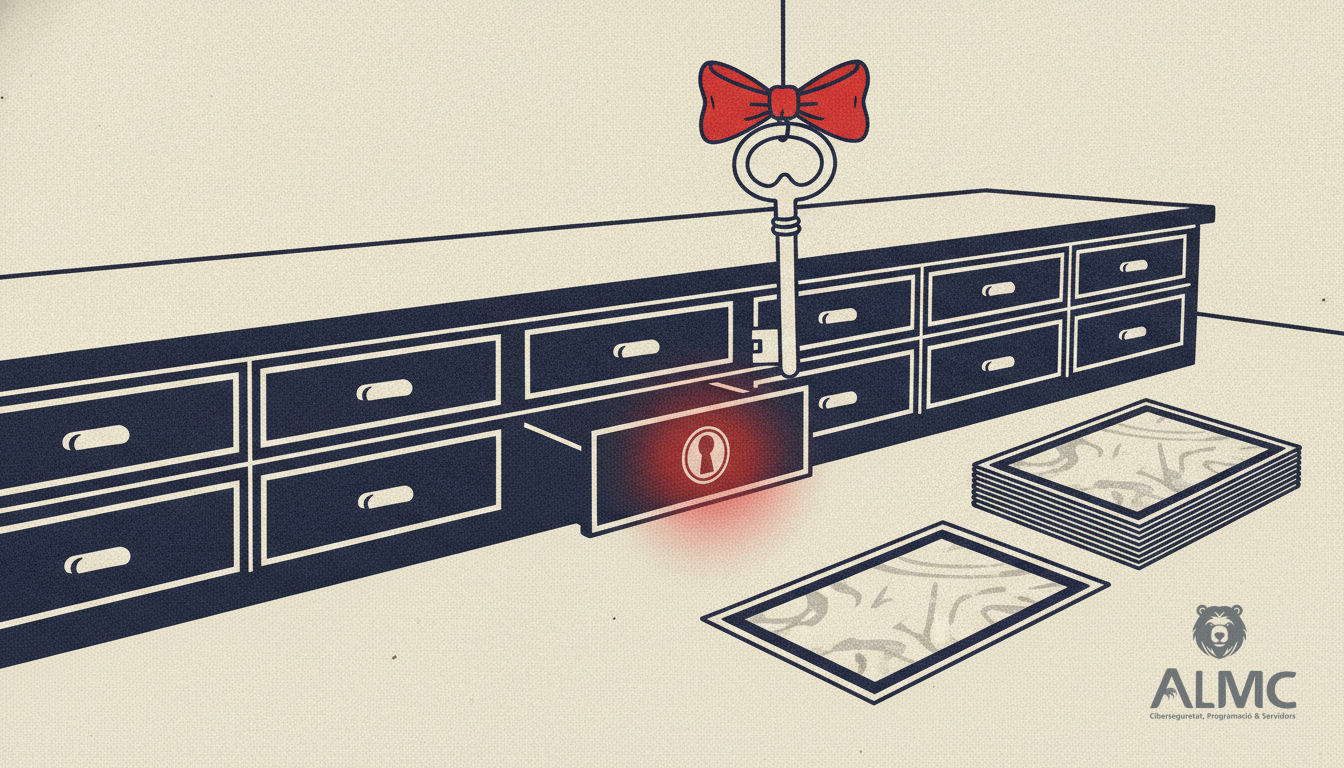 Booking desk drawers with one ajar and a key hovering above, illustrating an authentication bypass in a bookings plugin