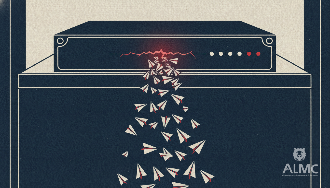 Firewall appliance with a crack in its casing and failing status lights, illustrating a denial-of-service vulnerability