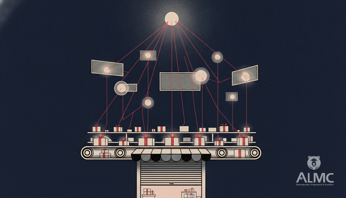 Online shop shutter opening onto a conveyor of parcels linked to digital advertising panels, illustrating retail media