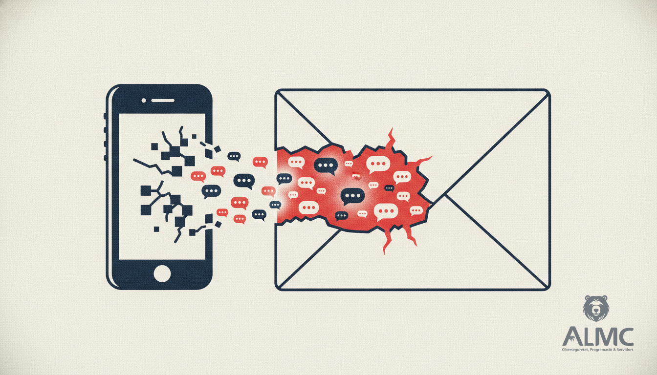 Un teléfono móvil que se transforma en un sobre de correo abierto, simbolizando la diferencia entre email y WhatsApp.