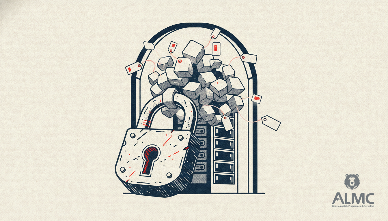 A padlock securing a server rack with price tags on floating data fragments, symbolising the market for stolen data.
