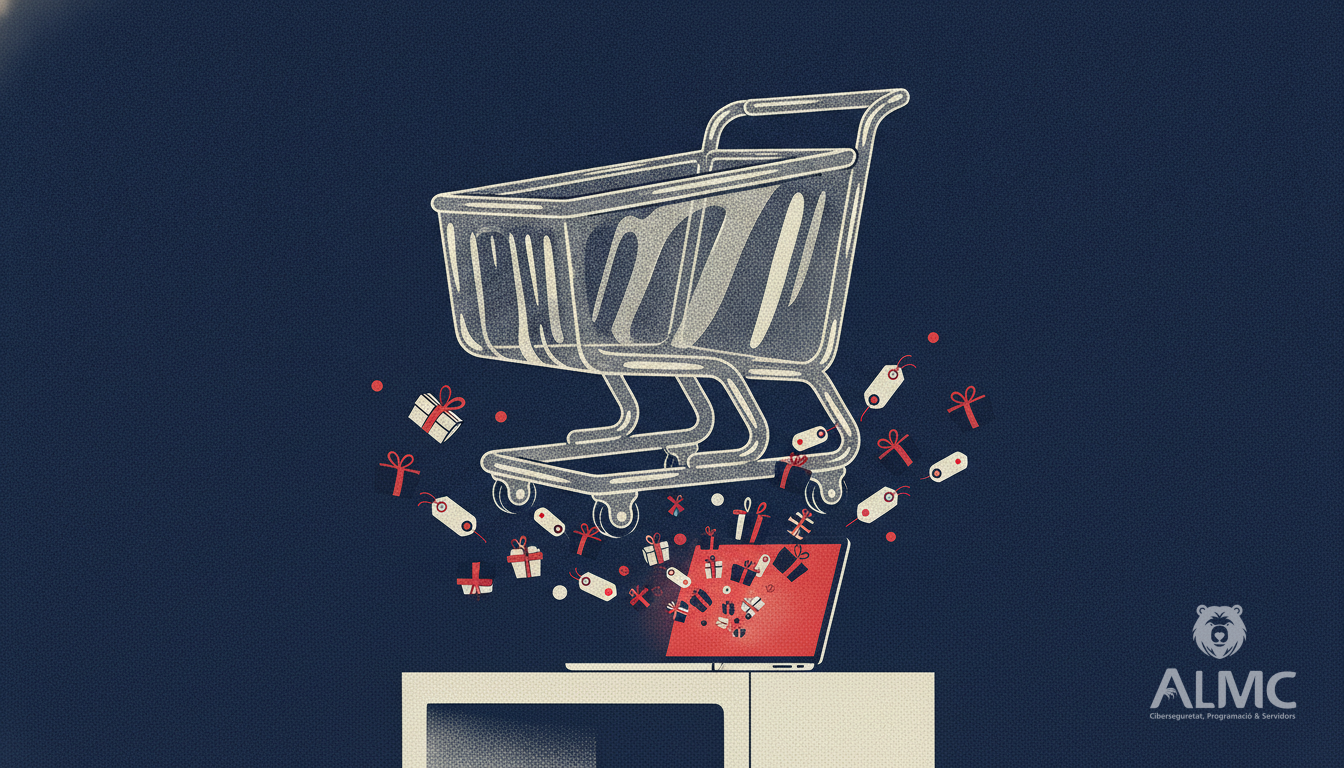 Carrito de la compra inteligente flotando sobre un escritorio con paquetes que fluyen hacia un portátil