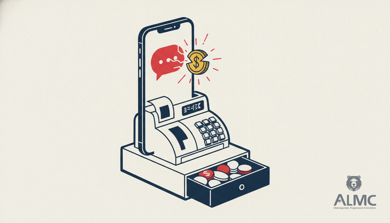 Móvil transformándose en caja registradora con burbuja de chat que se convierte en moneda.
