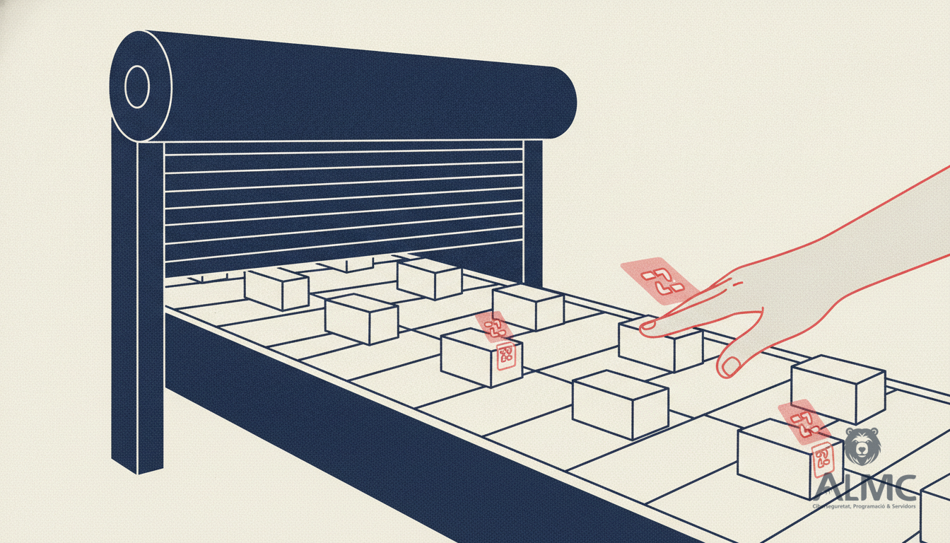Shop shutter opening onto a conveyor of parcels being scanned automatically, representing AI-driven ecommerce