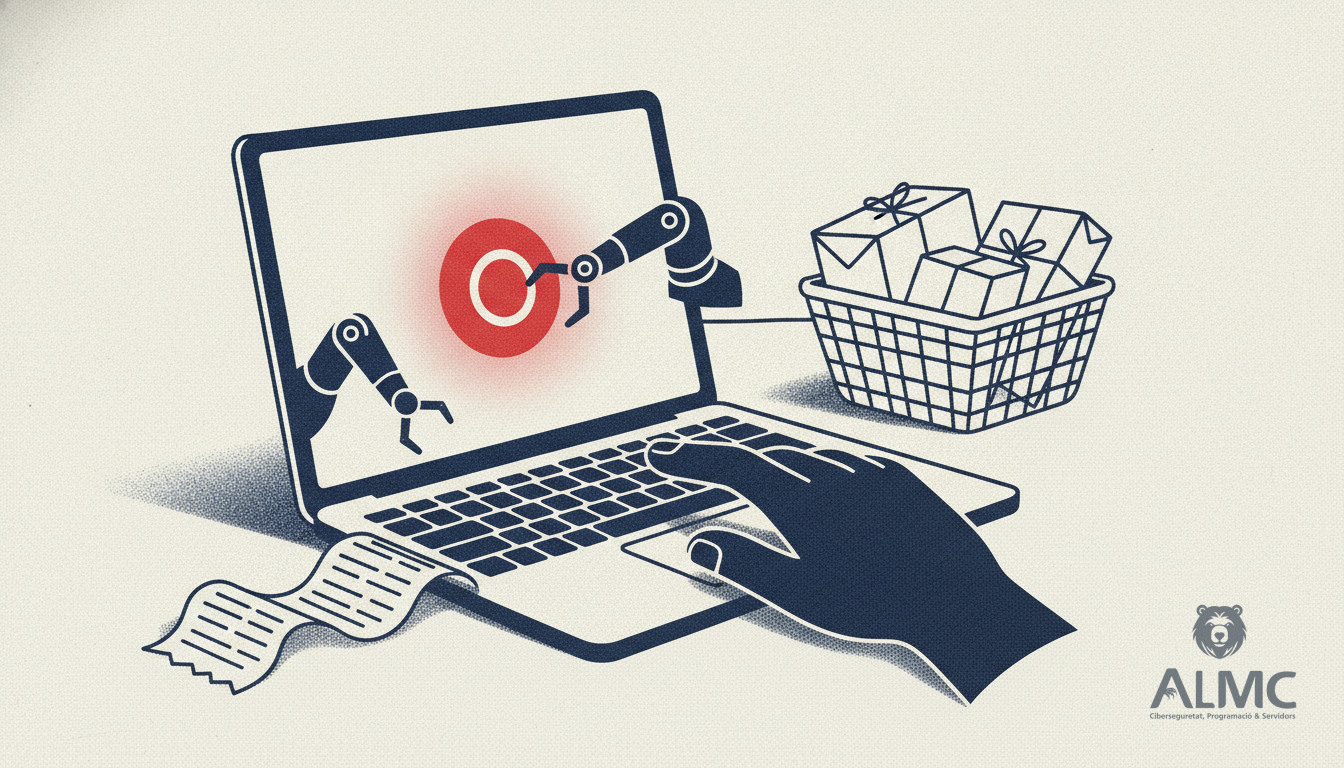 A shopper's hand and a small robot arm both reaching for the same glowing checkout button on a laptop screen