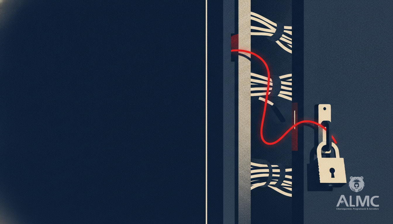 Rack de servidores con la puerta entreabierta y un cable colándose hacia el interior, metáfora de una vulnerabilidad de inyección de comandos