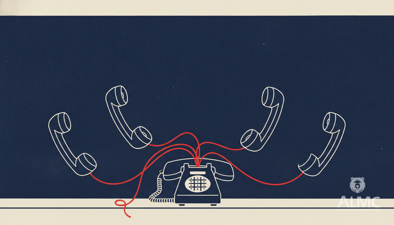 Un teléfono sobre un mostrador que se divide en tres teléfonos separados.