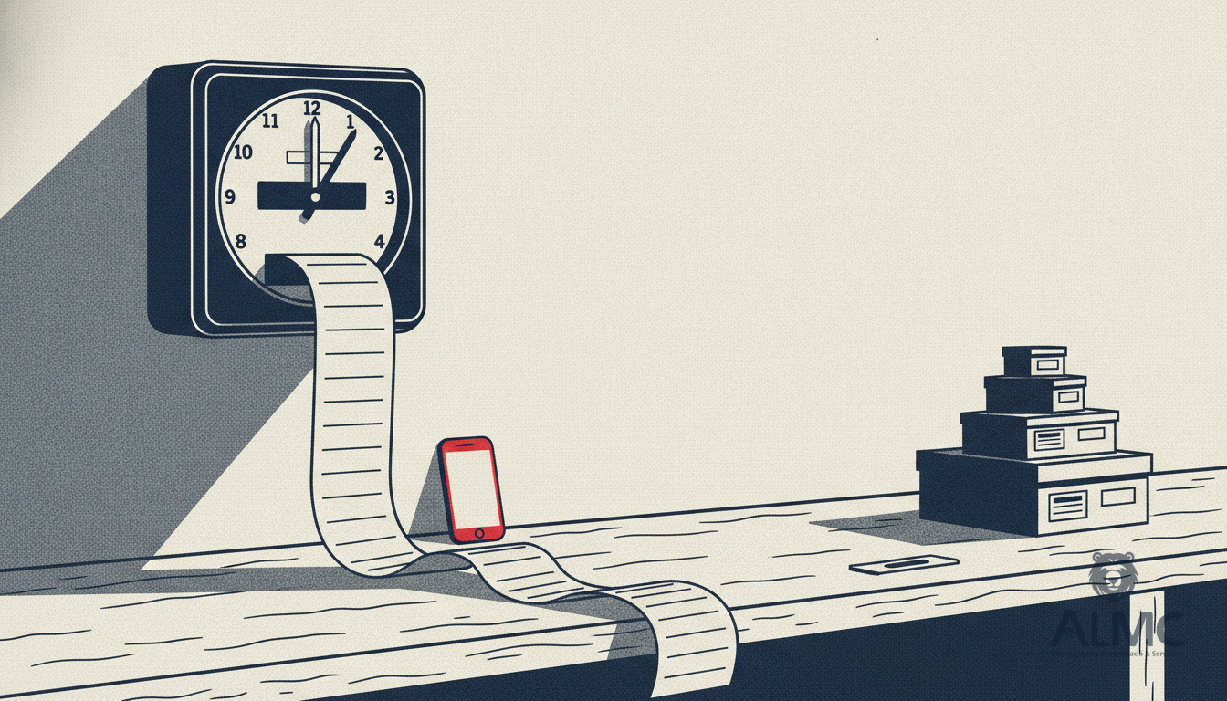 Punch clock and smartphone on a workshop bench with a timesheet and archive boxes, representing daily time tracking records