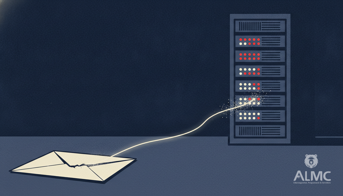Sobre abierto del que sale un hilo hacia un rack de servidores, simbolizando un PDF malicioso bloqueado antes de llegar a la infraestructura