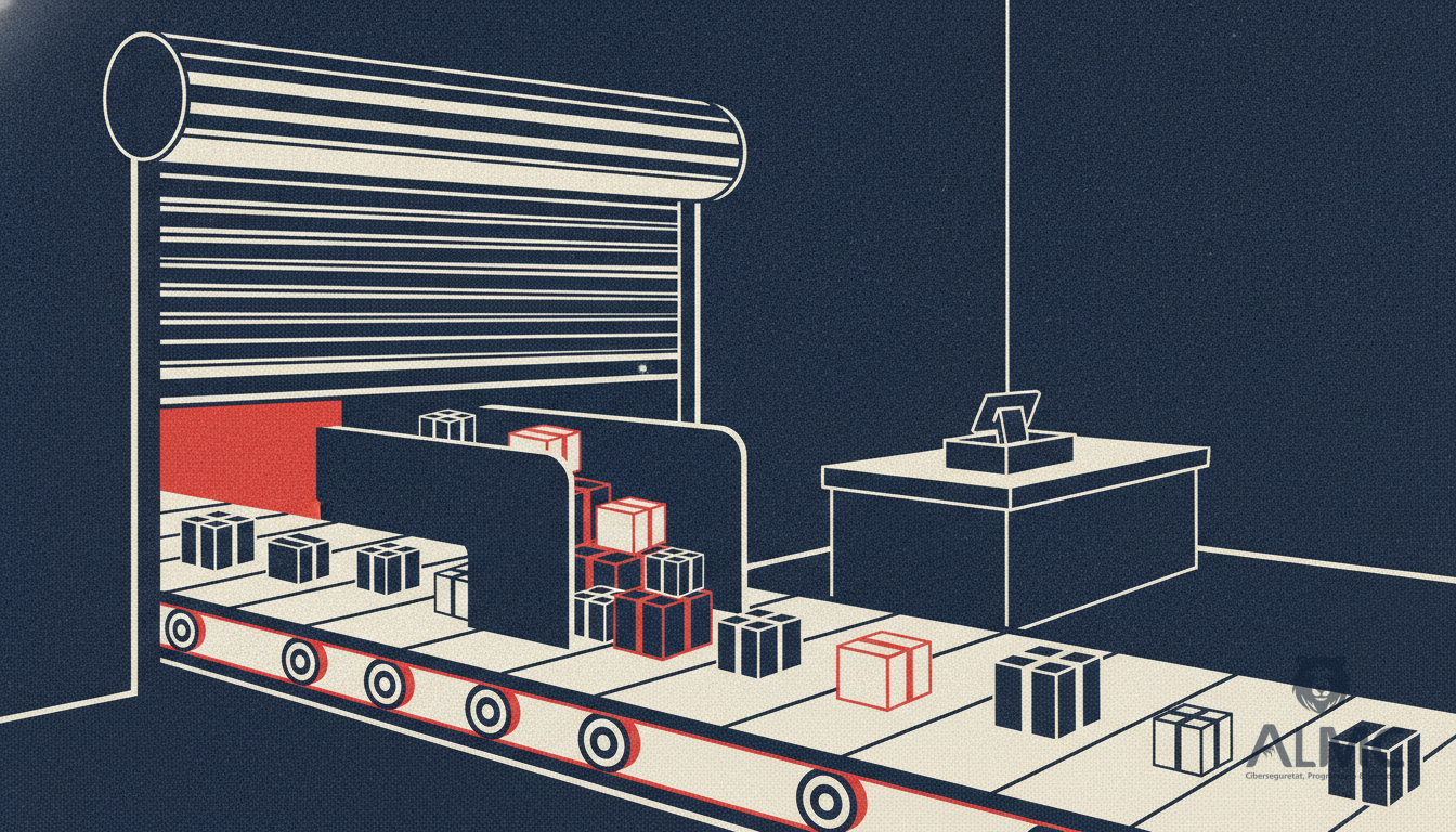 Shop shutter opening onto a conveyor of parcels, with one bottleneck slowing the flow towards the checkout