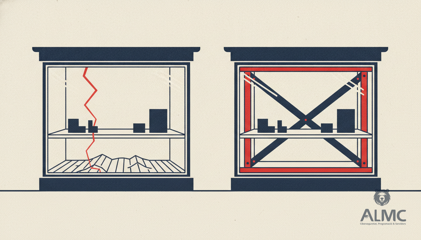 Two identical shop windows, one with hidden structural cracks and one with a solid steel framework behind the glass