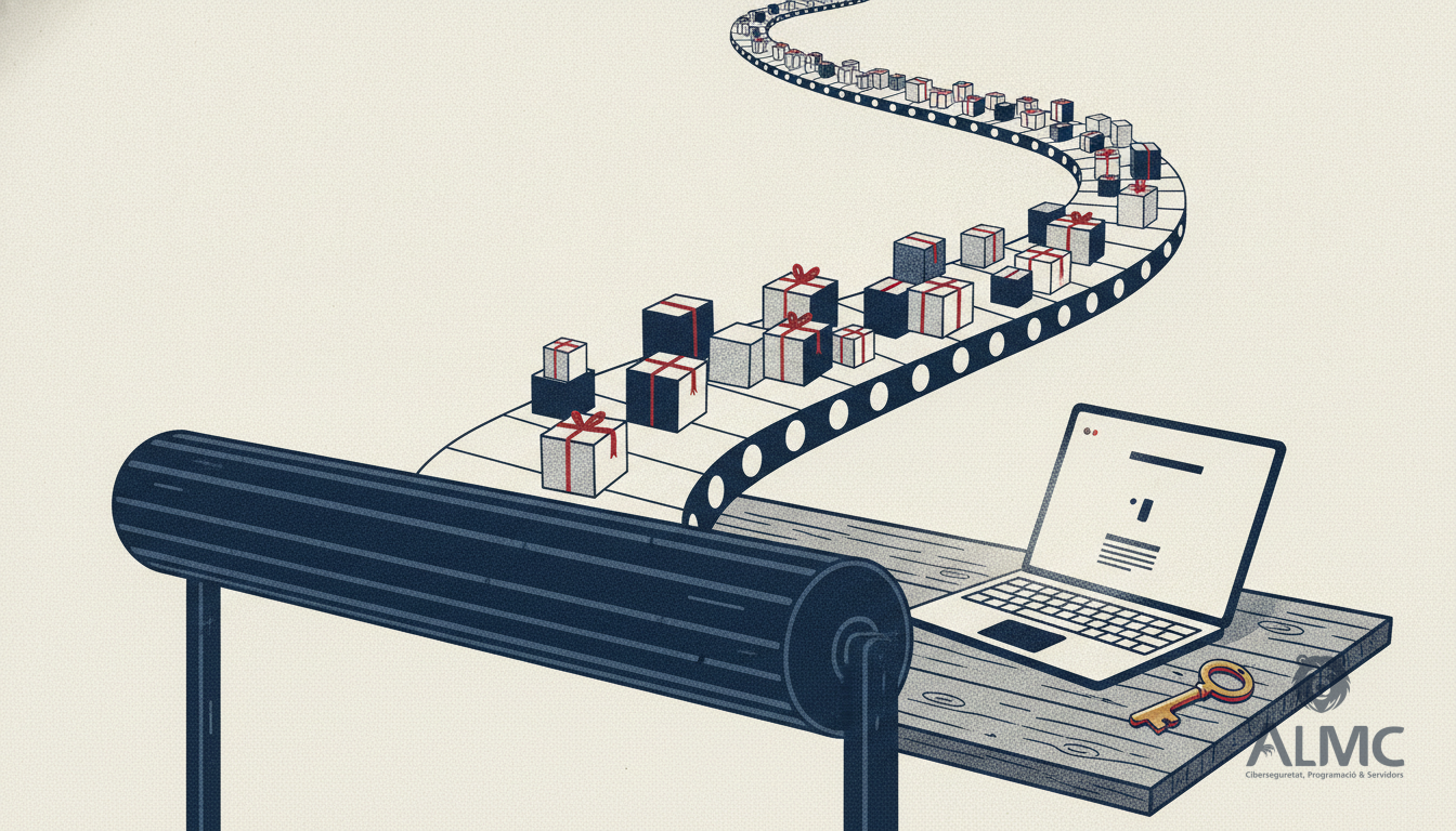 Shop shutter opening onto a conveyor of parcels feeding into a laptop, symbolising an owned online store