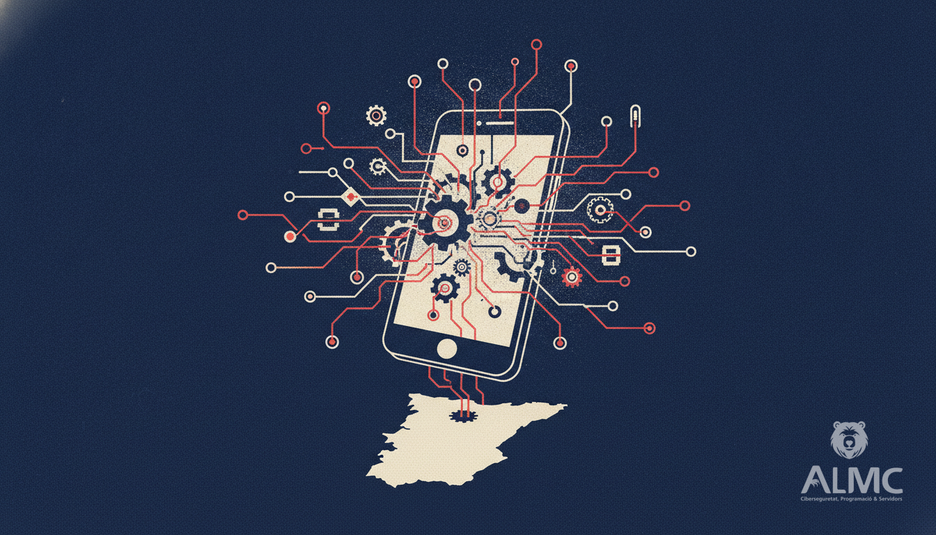 Un smartphone se convierte en una red de nodos y engranajes sobre un mapa de Cataluña.