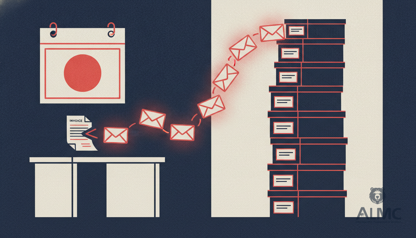 Paper invoices transforming into a stream of digital envelopes flowing into an organised archive