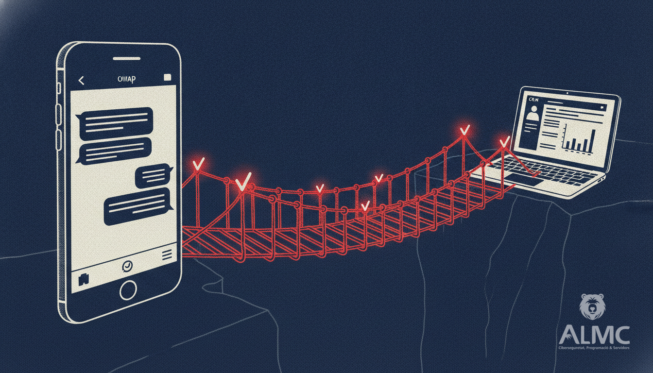 Puente de señales luminosas entre un móvil con WhatsApp y un portátil con CRM.