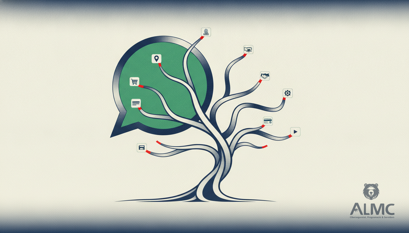 Bocadillo de WhatsApp que se transforma en un árbol ramificado metálico con iconos.