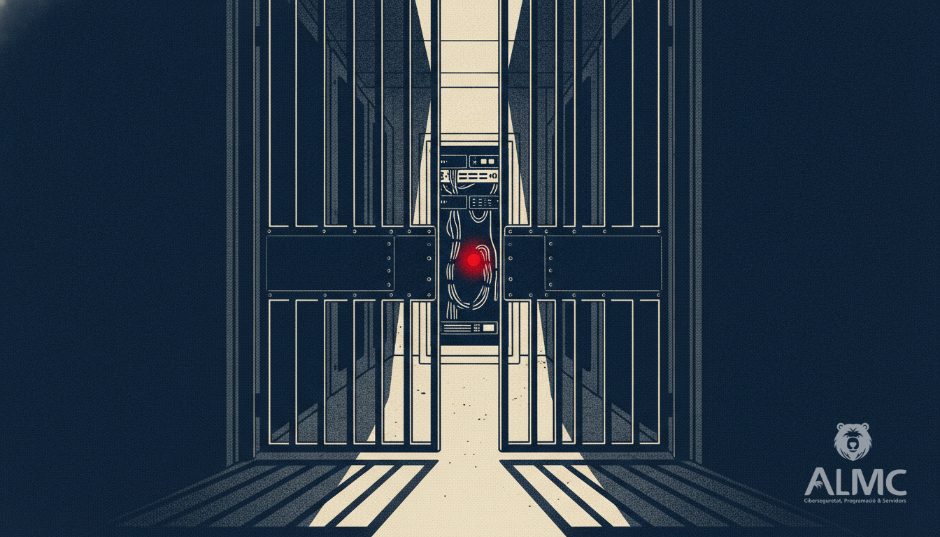 A gate left ajar in a server corridor, suggesting an authentication bypass in a network appliance