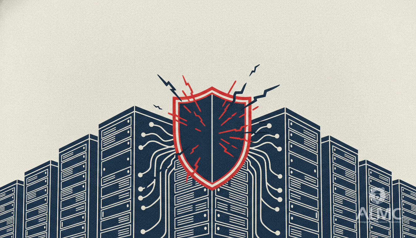 Server racks linked to a central shield hub deflecting malicious arrows, illustrating centralised server protection